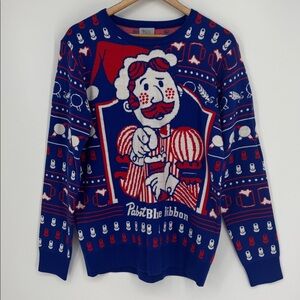 Pabst Blue Ribbon Holiday Ugly Christmas Sweater Mens Size Small Red Blue NWOT!